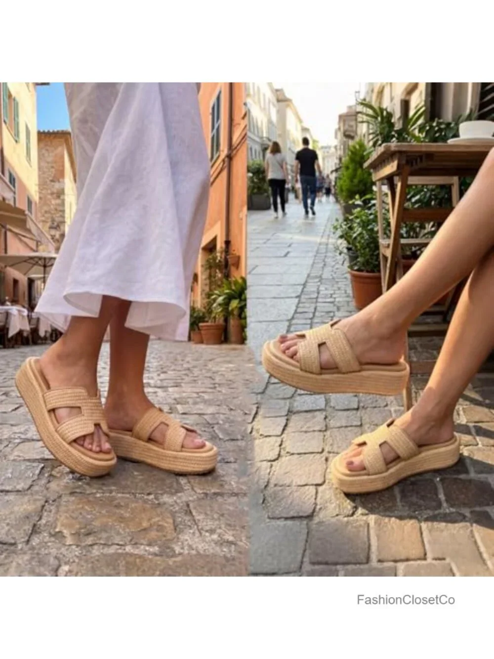 Woven Raffia Platform Slide Sandals Espadrille Wedges Slip-On Memory Foam
